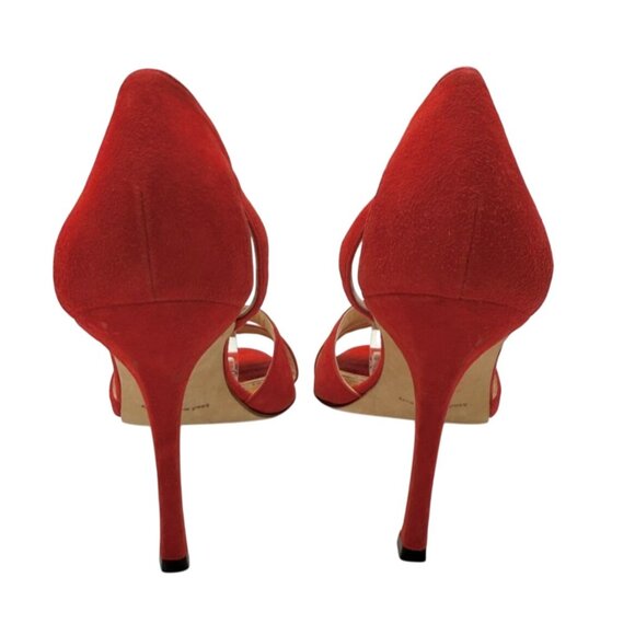 Manolo Blahnick Coral Red Suede Heeled Sandals - Size 8 - Picture 5 of 6